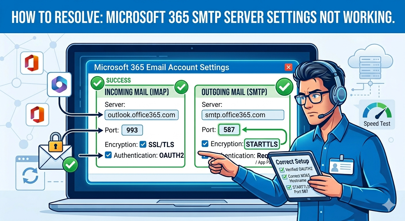 smtp server settings not working microsoft 365